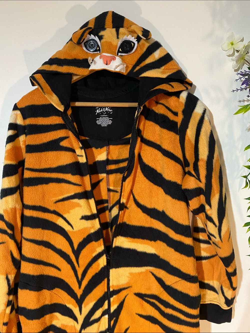Nick & Nora Women’s Orange Tiger-Print Hooded one piece.
